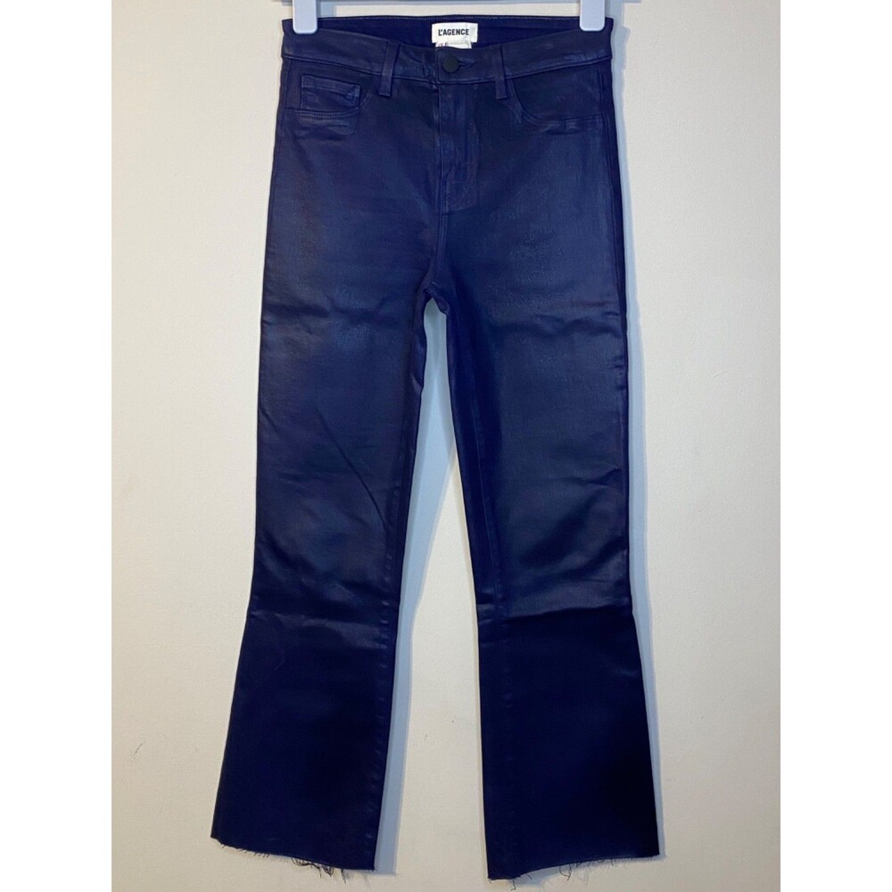 L'AGENCE Kendra Coated Raw Hem Cropped Flare Blue Jeans Size 25